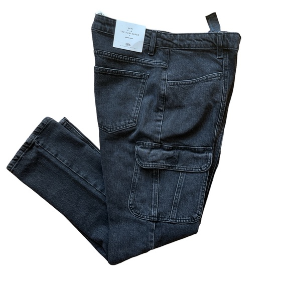 NWT! Zara - black - Cargo Denim Jeans - size 6 US - Picture 1 of 8